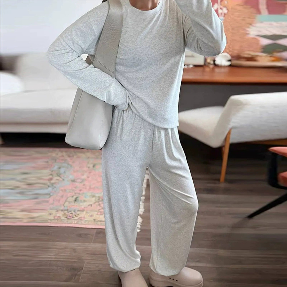 ZARA Solid Relaxed Long Sleeve Top & Long Pants Lounge Set